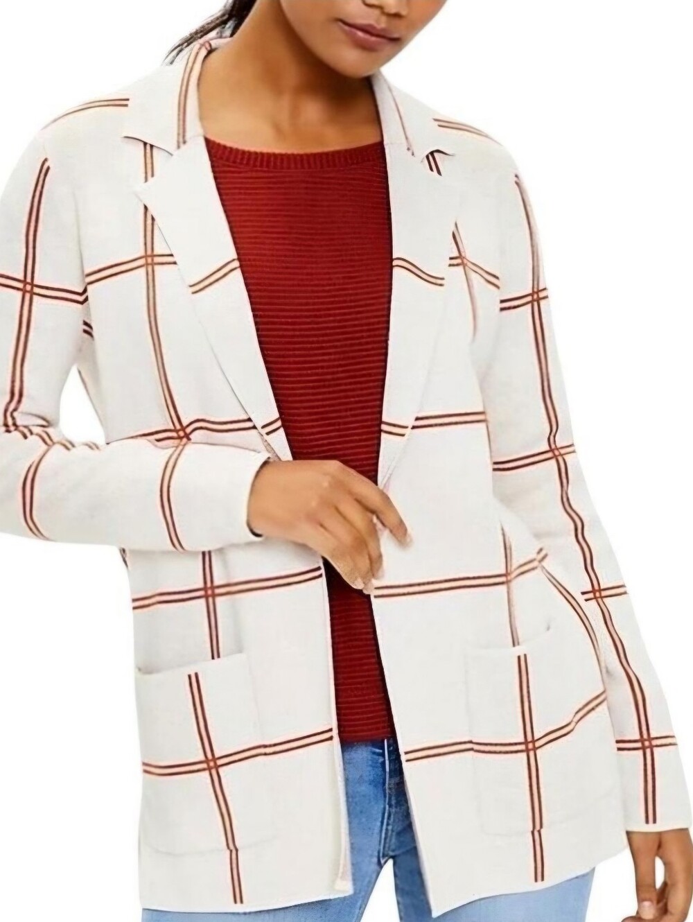 LOFT Cream Burnt Orange Plaid Knit Open-Front Fall Cardigan 100% Cotton, Size S
